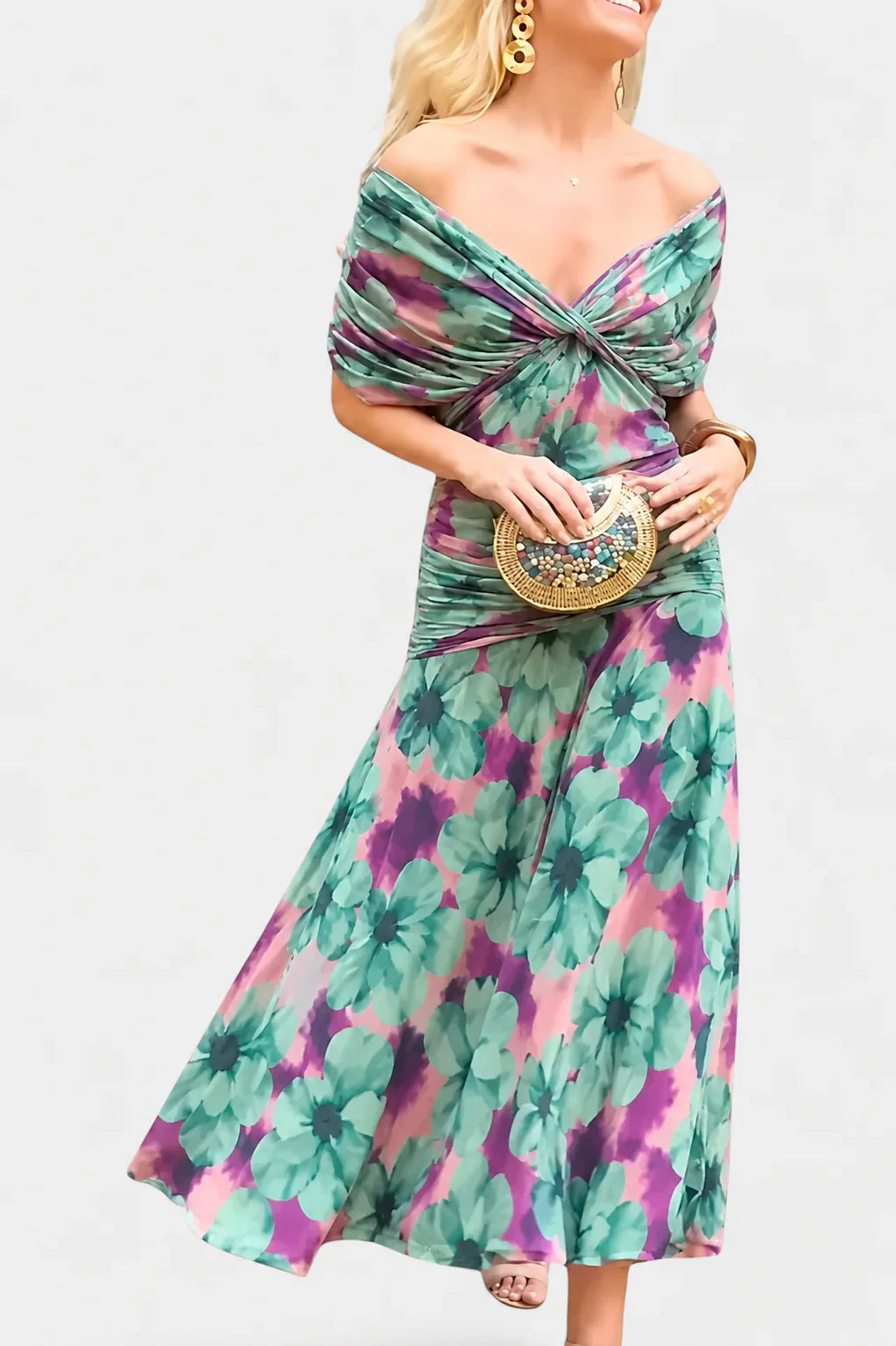 Yara | Dames Maxi Jurk met Off-shoulder V-hals Groen Paars