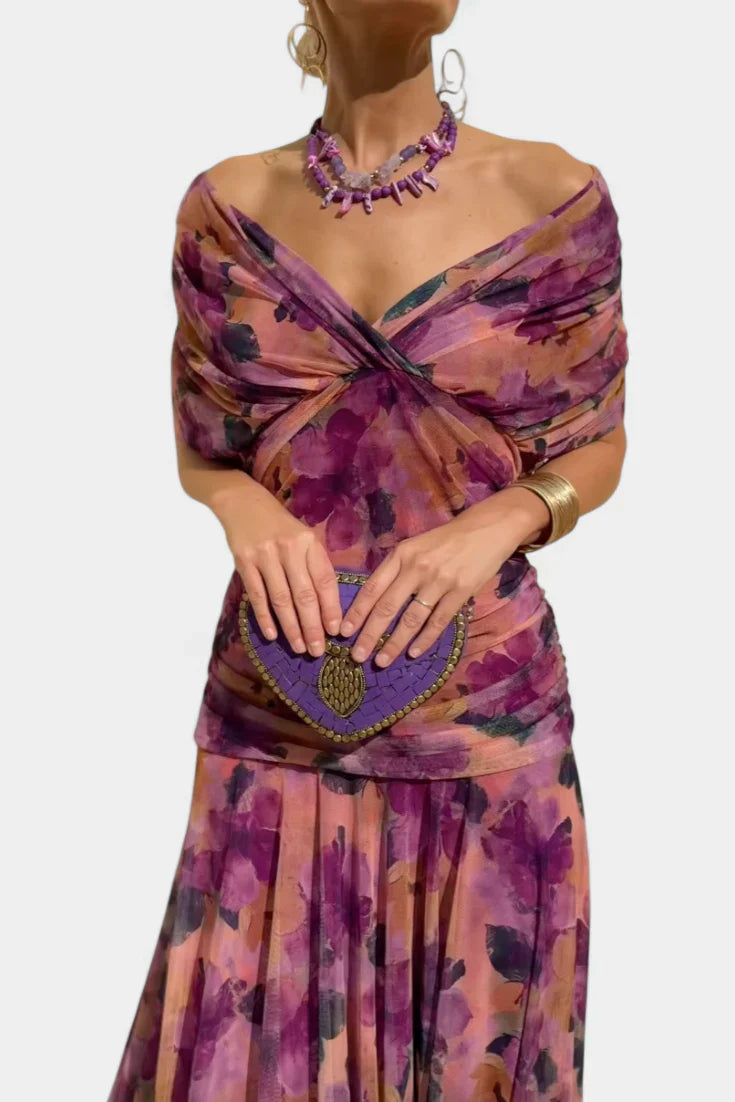 Yara | Dames Maxi Jurk met Off-shoulder V-hals Paars