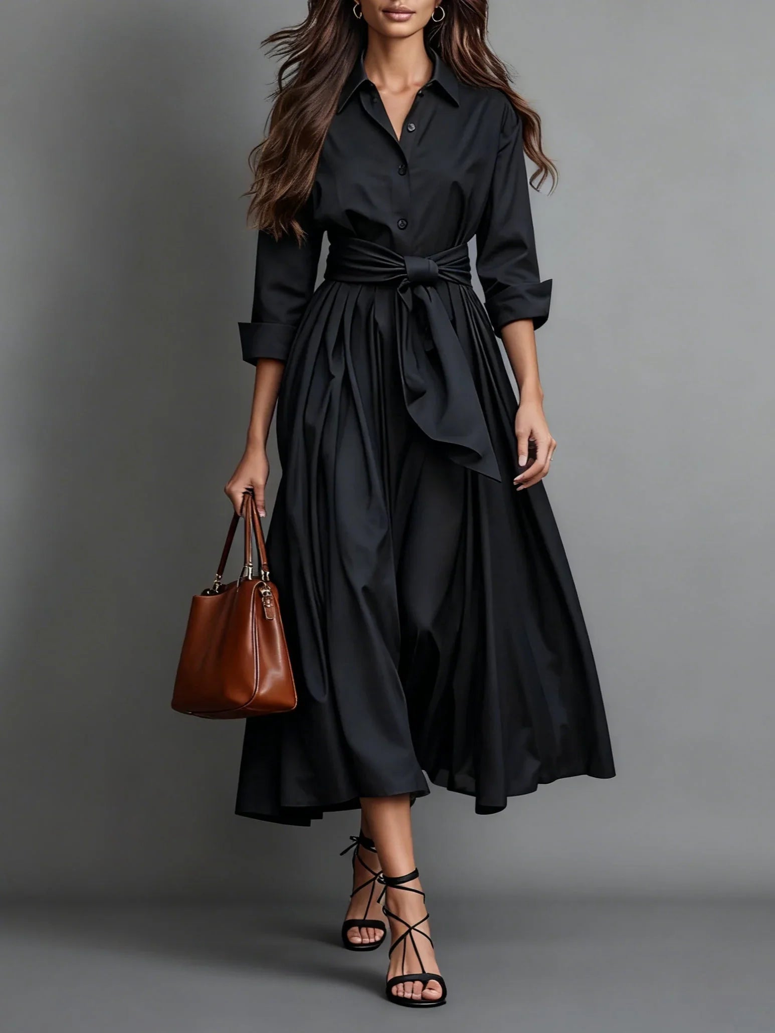Yara | Dames Overhemd Midi Jurk met Riem Zwart
