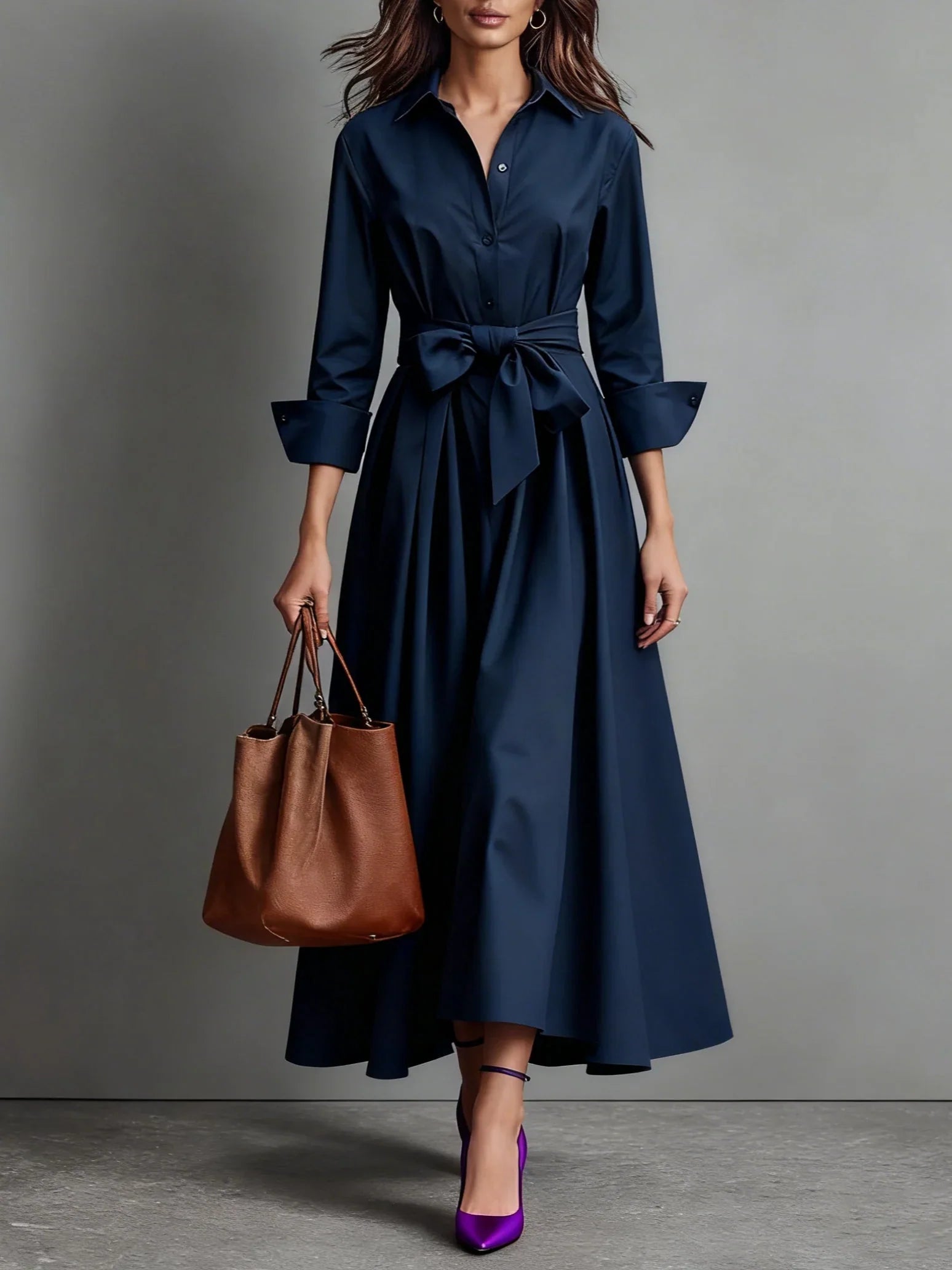 Yara | Dames Overhemd Midi Jurk met Riem Navy