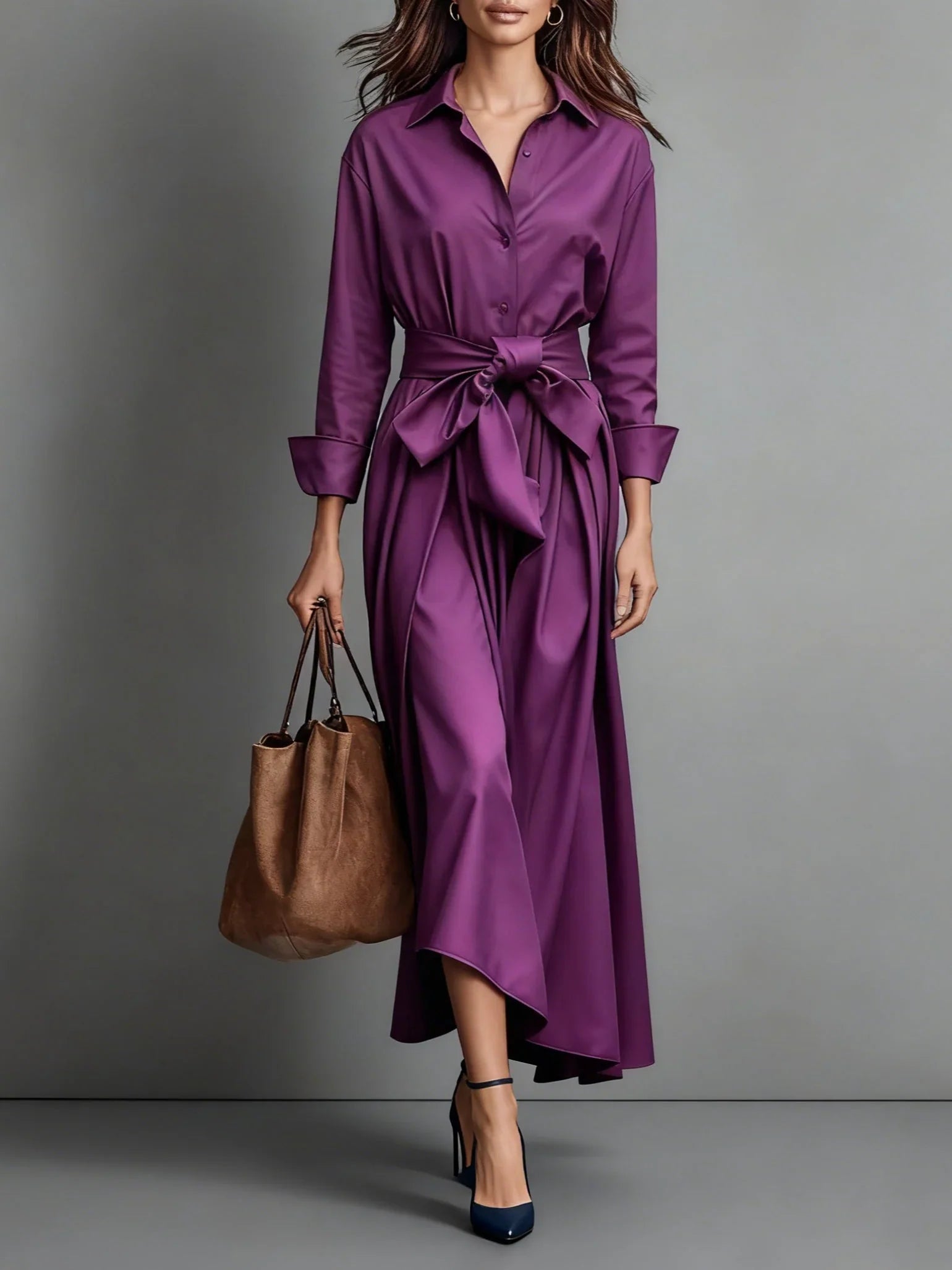 Yara | Dames Overhemd Midi Jurk met Riem Paars