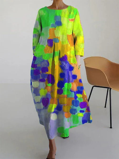 Daubra | Dames Abstracte Print Lange Mouw Maxi Jurk