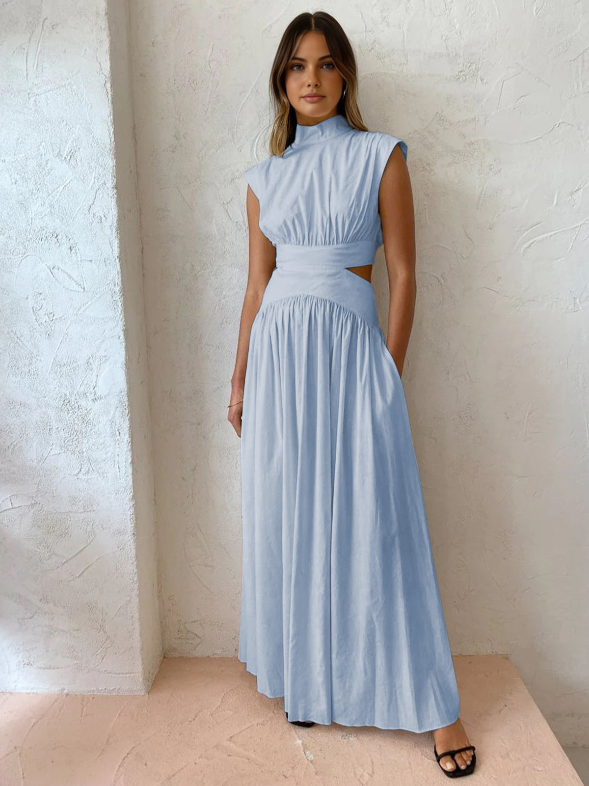Davera | Dames Maxi Jurk Hoge Hals Cut-Out Taille Ivoor Geplooide 10