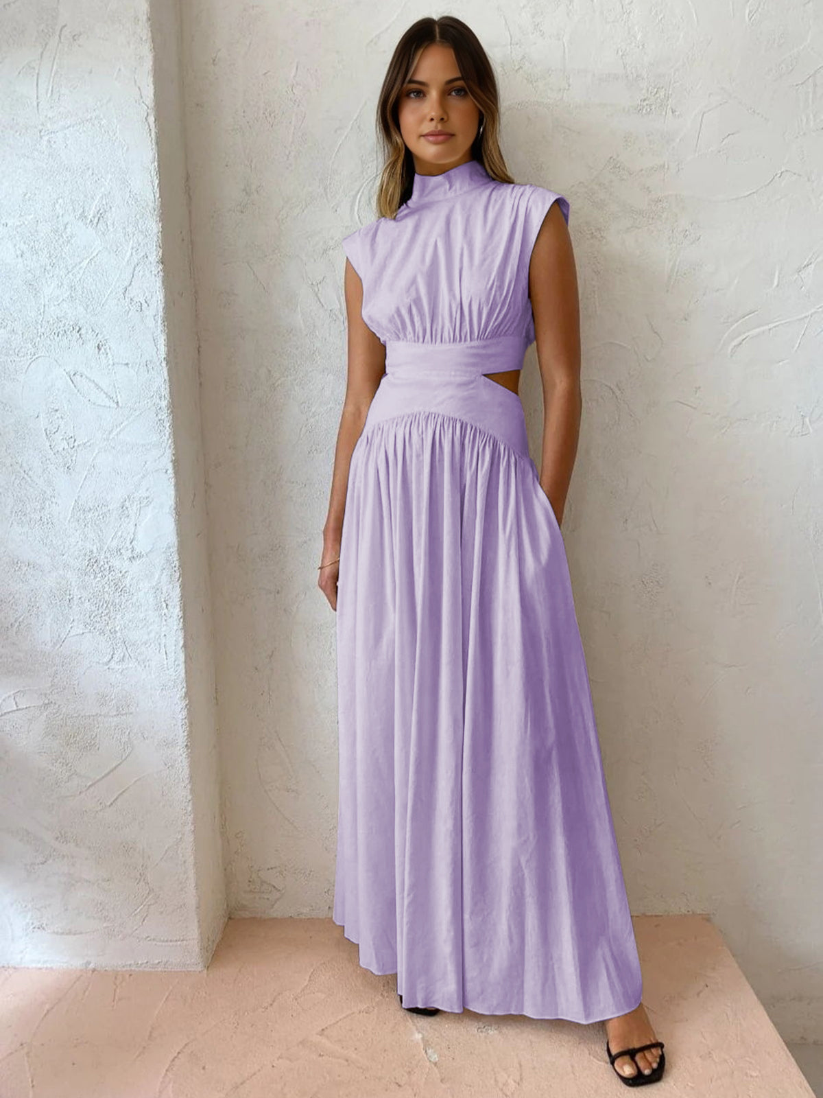 Davera | Dames Maxi Jurk Hoge Hals Cut-Out Taille Ivoor Geplooide 12