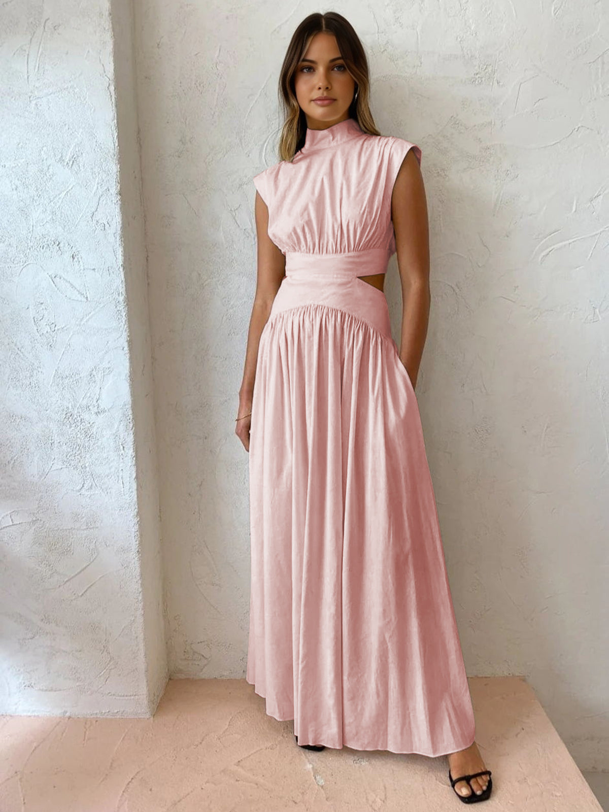 Davera | Dames Maxi Jurk Hoge Hals Cut-Out Taille Ivoor Geplooide 8