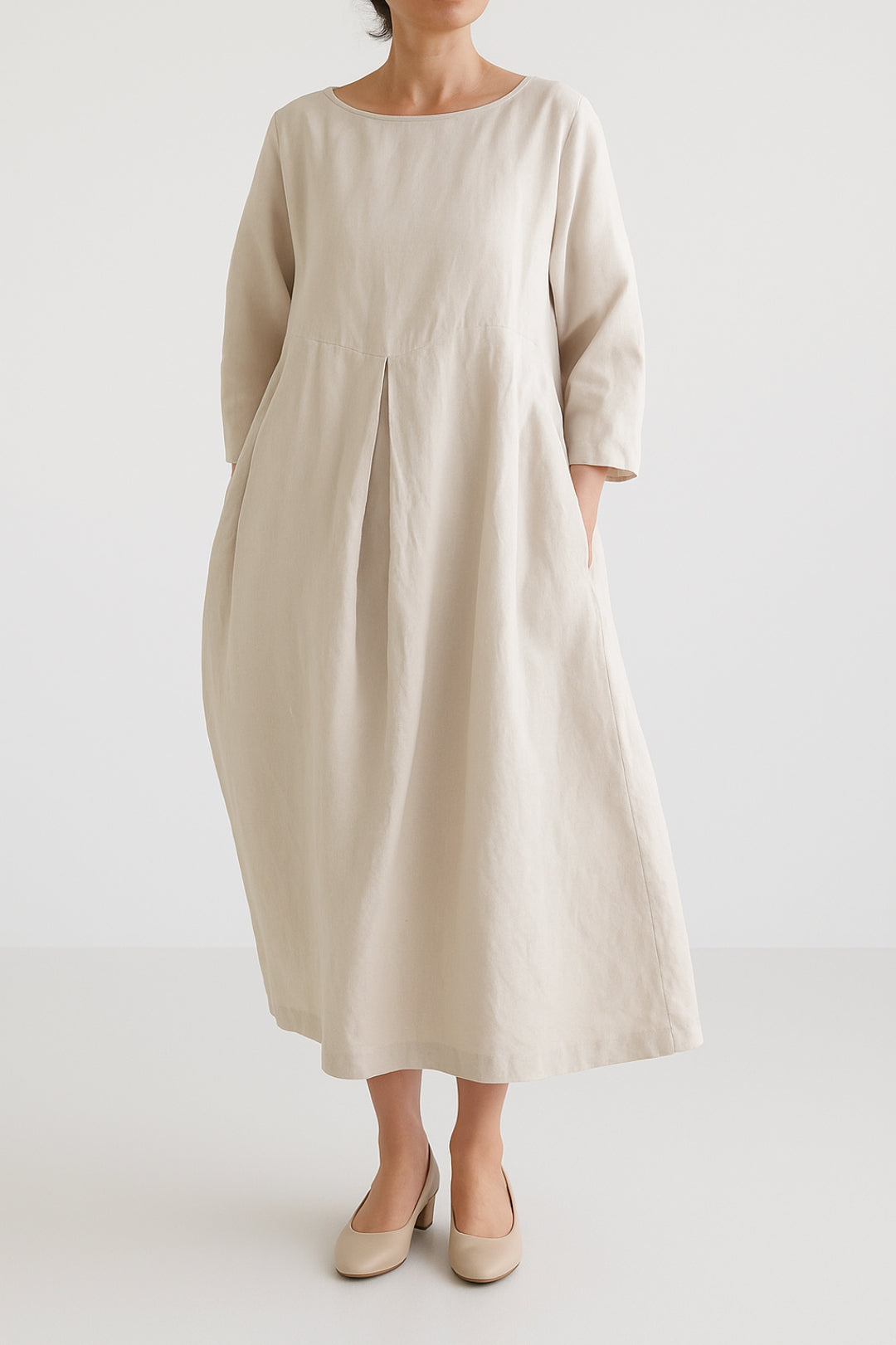 Donavi | Dames Midi Jurk met Plooien en Relaxed Fit