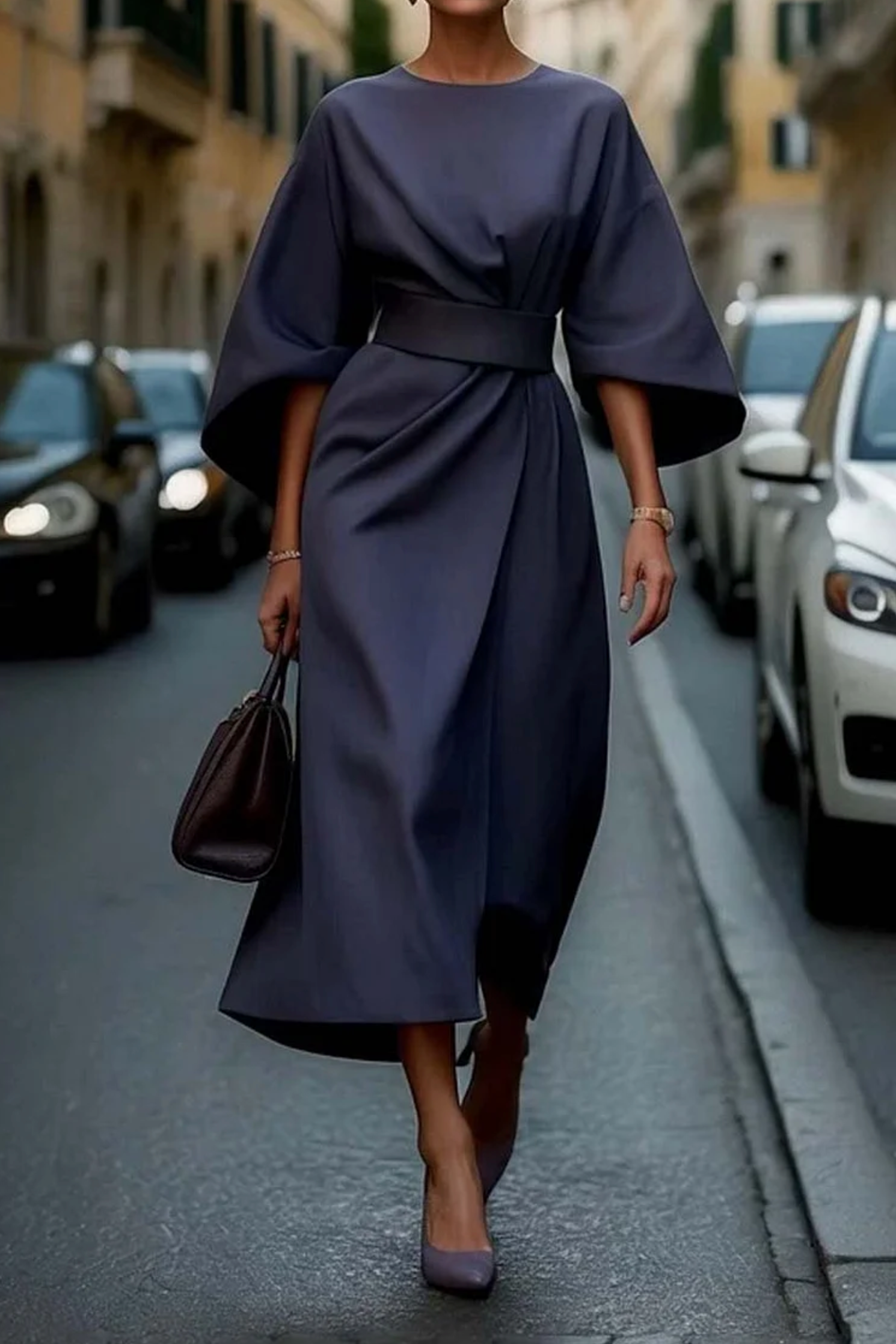 Draveen | Dames Ronde Hals Wikkel Elegant Midi Jurk
