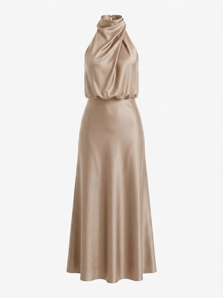 Dreva | Dames Midi Jurk Halternek Satijn Cowl Hals Mouwloos