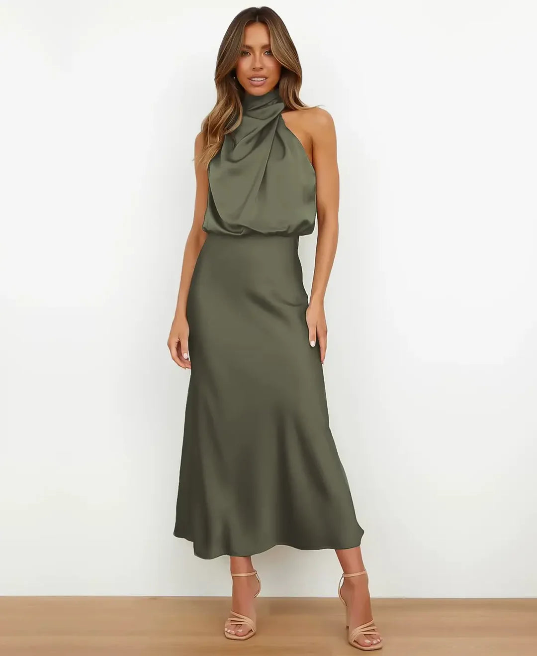 Dreva | Dames Midi Jurk Halternek Satijn Cowl Hals Mouwloos 13