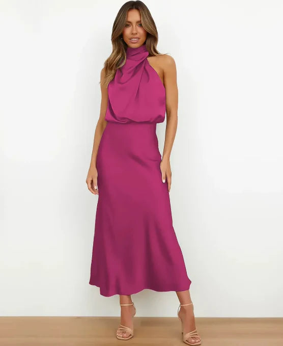 Dreva | Dames Midi Jurk Halternek Satijn Cowl Hals Mouwloos 15