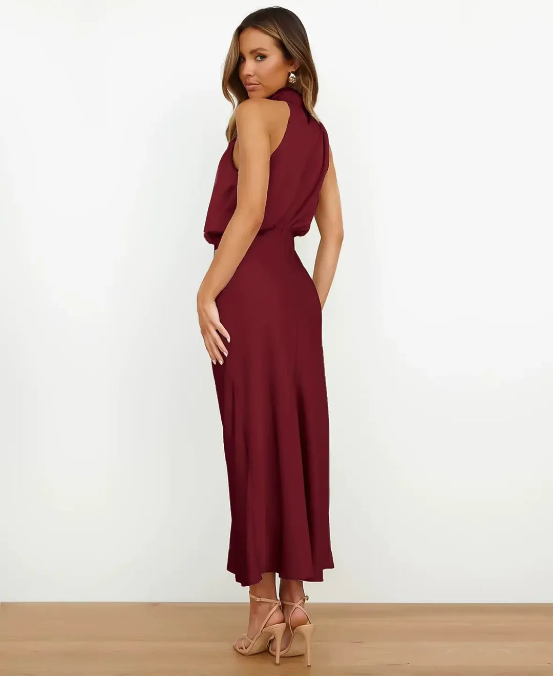 Dreva | Dames Midi Jurk Halternek Satijn Cowl Hals Mouwloos 5