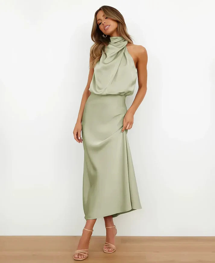 Dreva | Dames Midi Jurk Halternek Satijn Cowl Hals Mouwloos 9