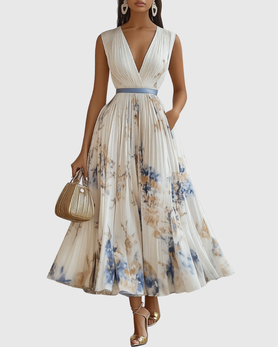 Florelle | Dames Geplooide Midi Jurk Bloemenprint V-Hals