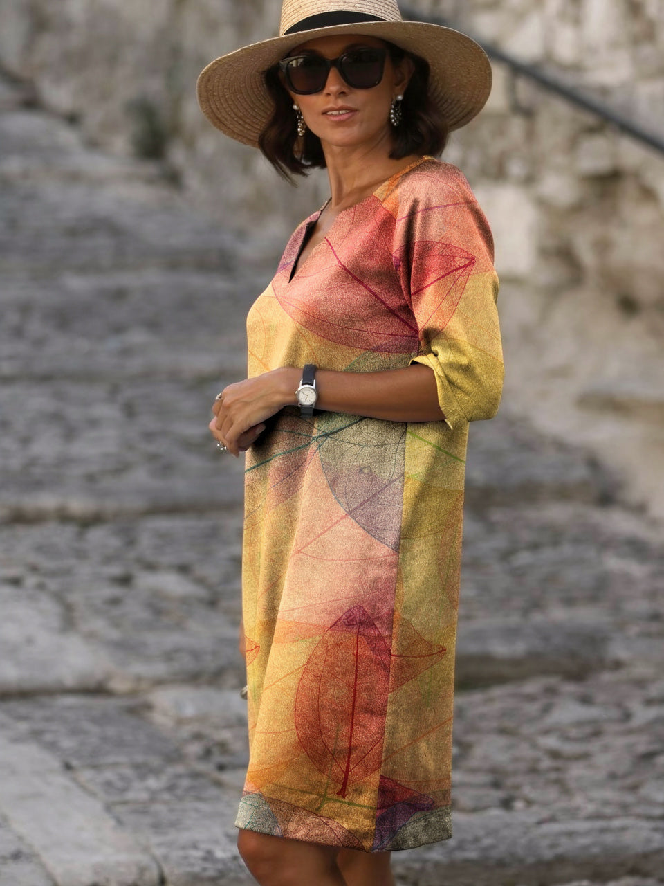 Loavena | Dames V-Hals Halve Mouw Elegant Midi Jurk