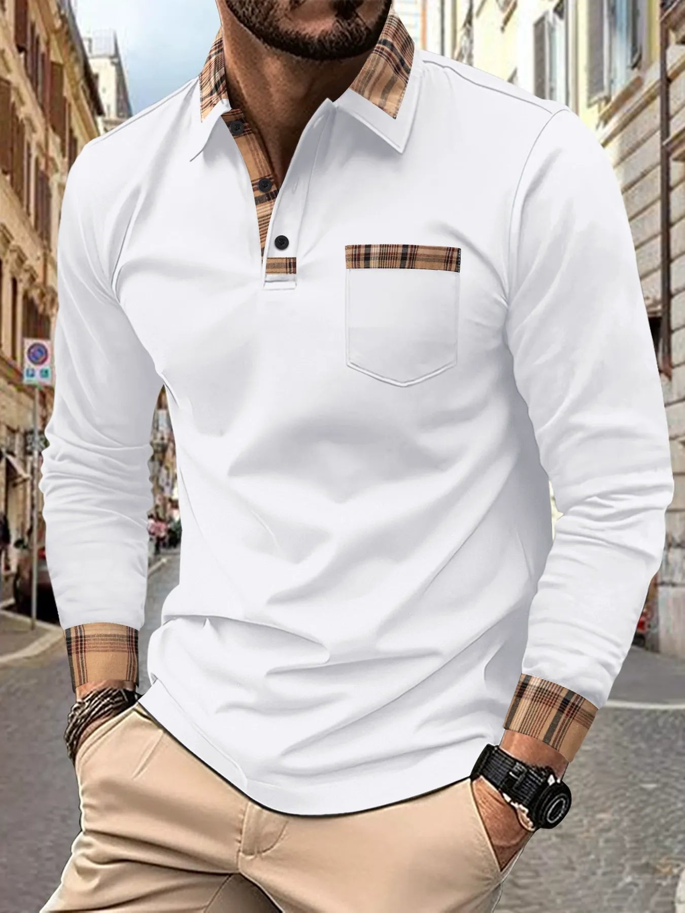 Pola | Heren Poloshirt Lange Mouwen Ruitaccenten 0