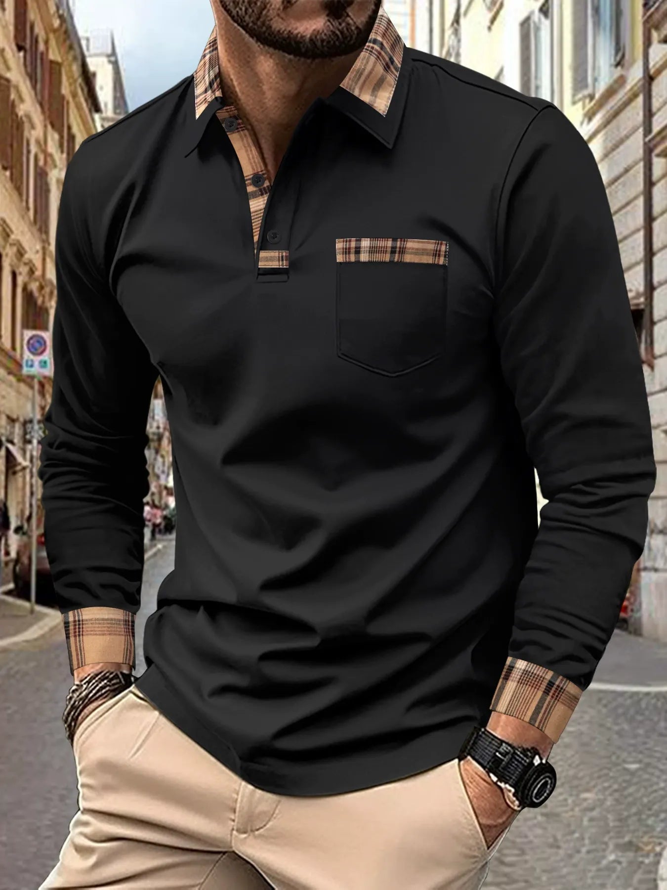 Pola | Heren Poloshirt Lange Mouwen Ruitaccenten 1