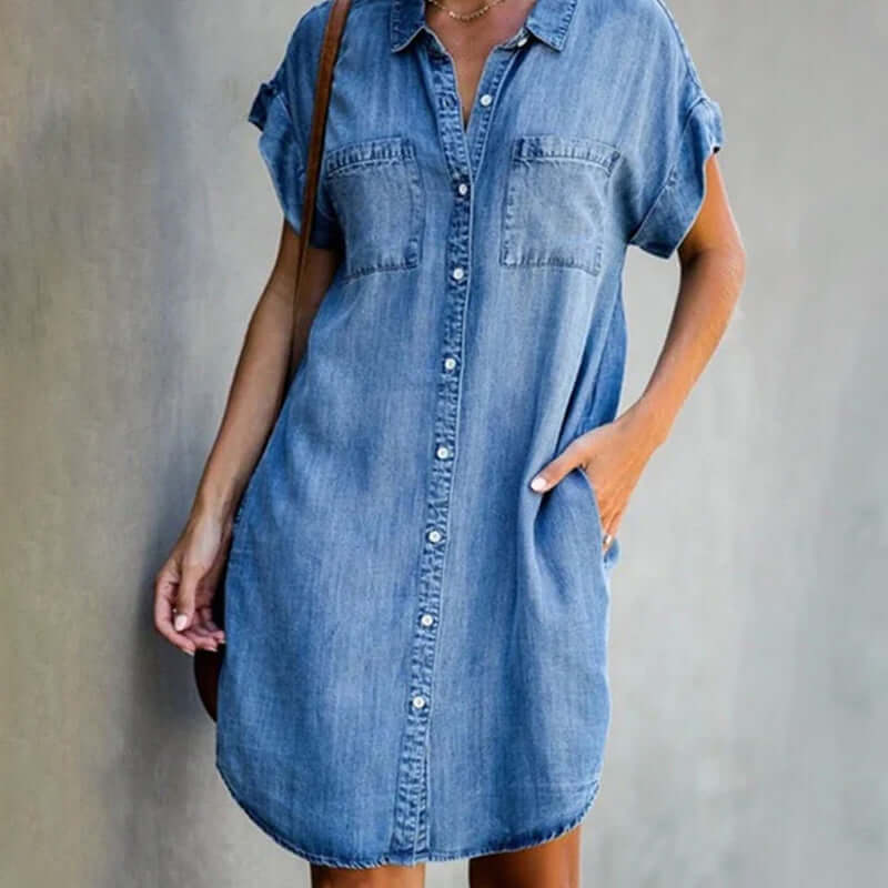 Aline | Denim Blousejurk Korte Mouw Lichtblauw