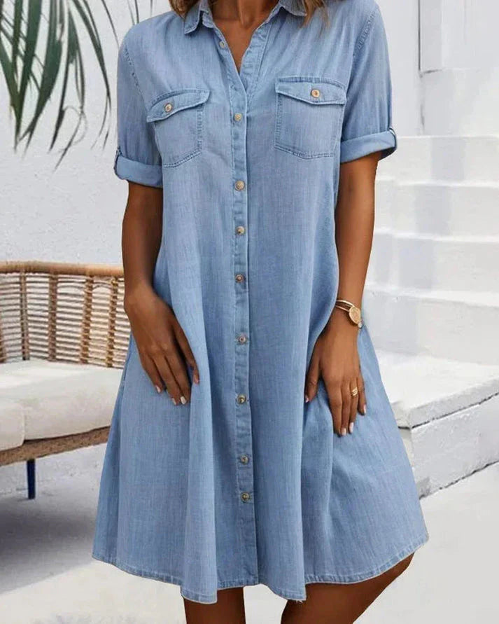 Anna | Dames Denim Blousejurk met Knoopsluiting Blauw