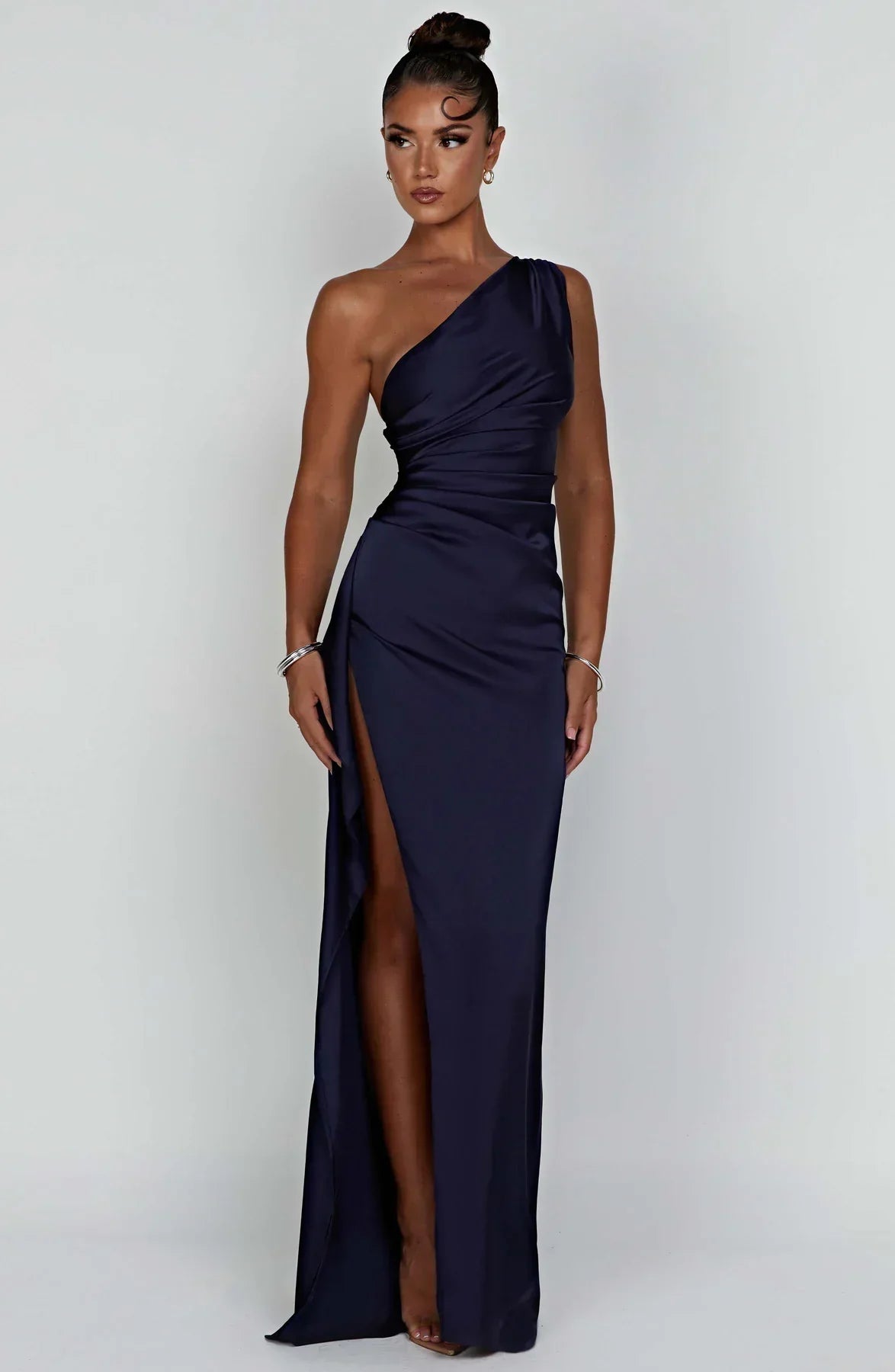 Anna | One Shoulder Maxi Jurk met Split Marineblauw