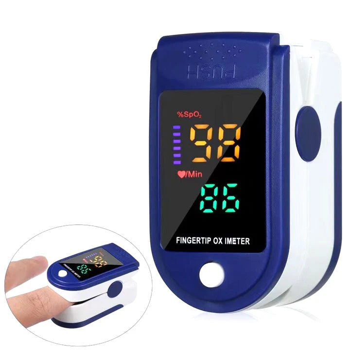 Blauwe vingertop oximeter met wit LED-scherm en compacte clip voor vingermeting