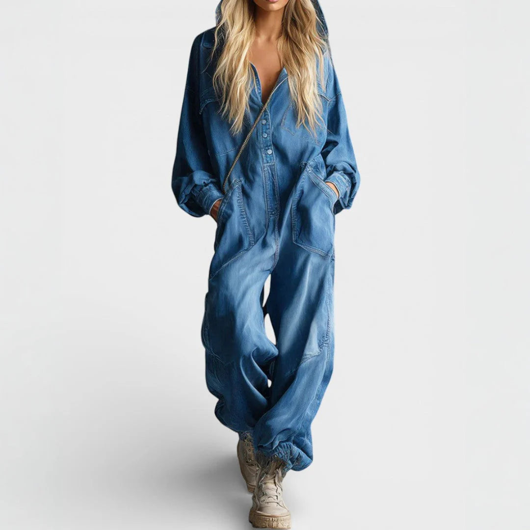 Dames denim jumpsuit met oversized pasvorm en knoopsluiting aan de voorkant voor casual dagelijks gebruik