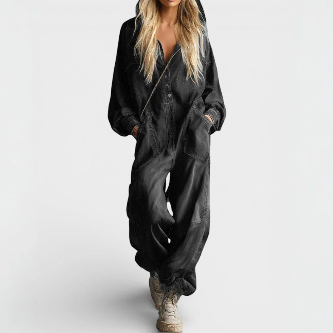 Relaxed fit denim overall met functionele zakken en elastische taille voor bewegingsvrijheid