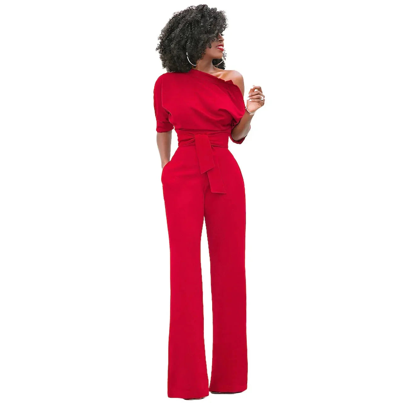 Anouk | Jumpsuit met Open Schouder en Strikband Rood