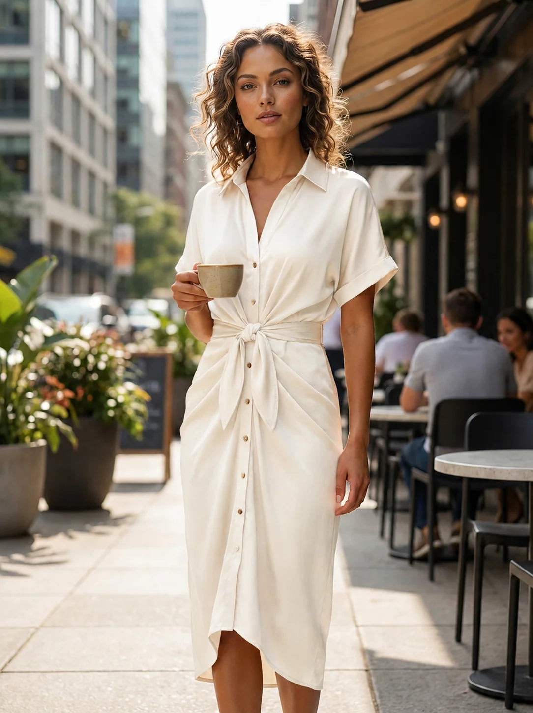 Midi blousejurk met strikceintuur in crème, klassieke kraag en korte mouwen voor een relaxte look