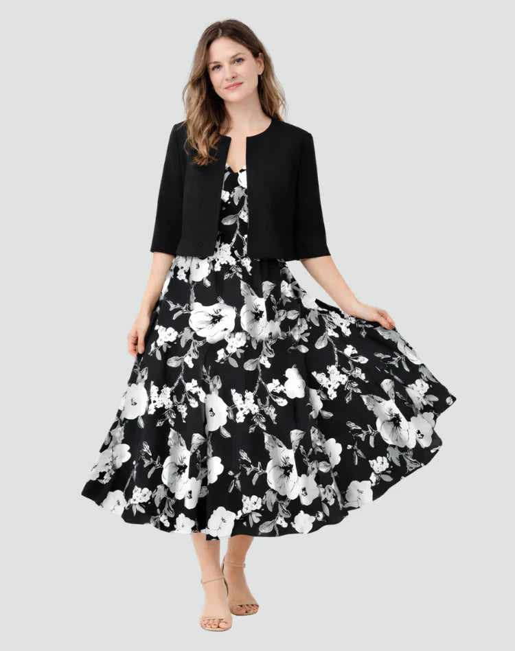 Anouk | Tweedelige Set Met Gebloemde Midi Jurk En Jasje Zwart