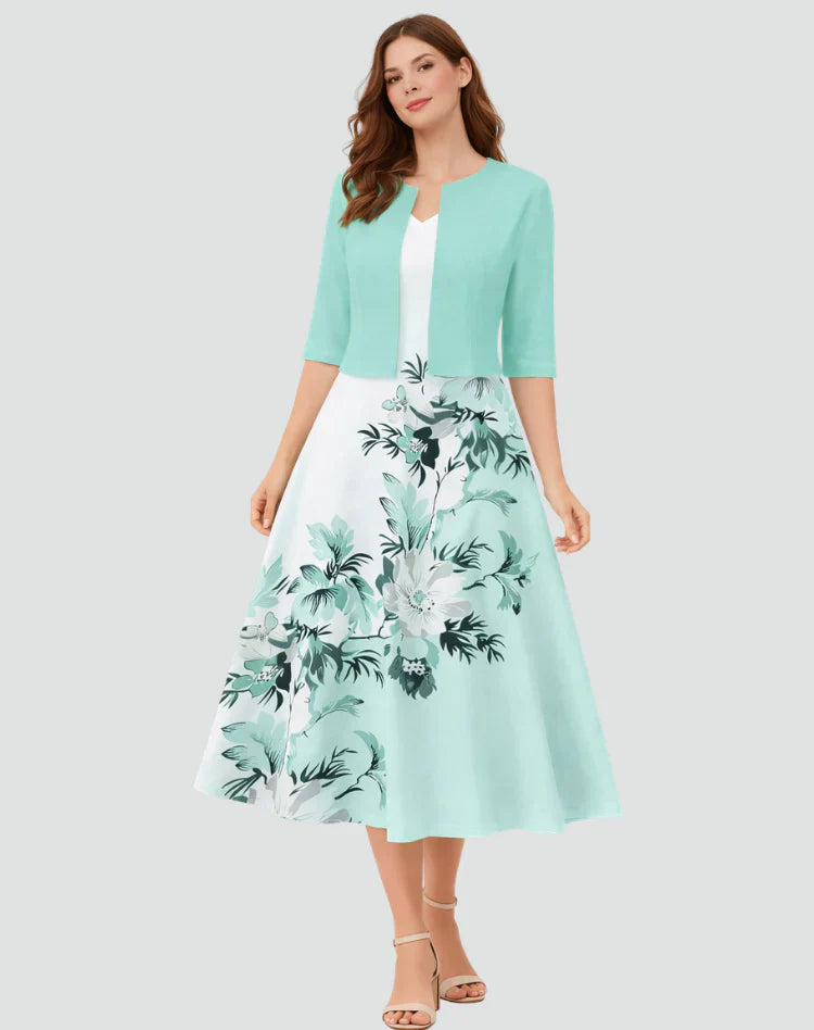 Anouk | Tweedelige Set Met Gebloemde Midi Jurk En Jasje Turkoois