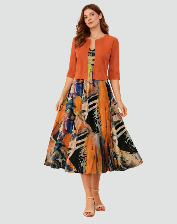 Anouk | Tweedelige Set Met Gebloemde Midi Jurk En Jasje Oranje