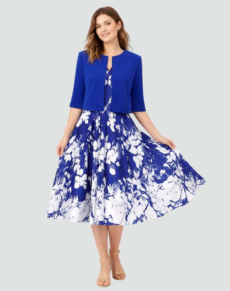 Anouk | Tweedelige Set Met Gebloemde Midi Jurk En Jasje Donkerblauw