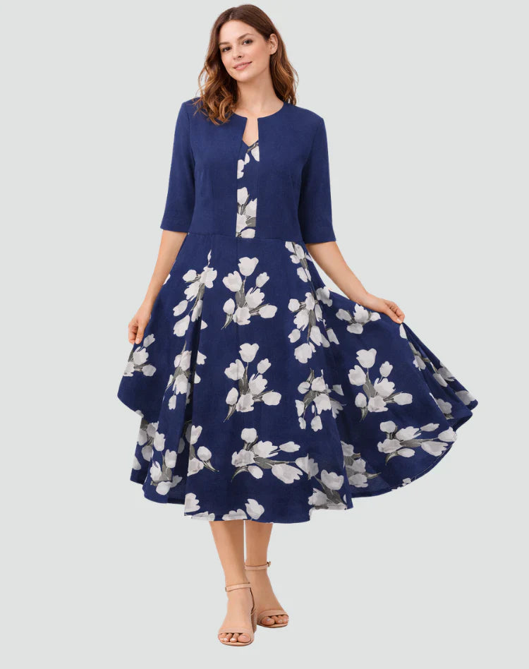 Anouk | Tweedelige Set Met Gebloemde Midi Jurk En Jasje Marineblauw