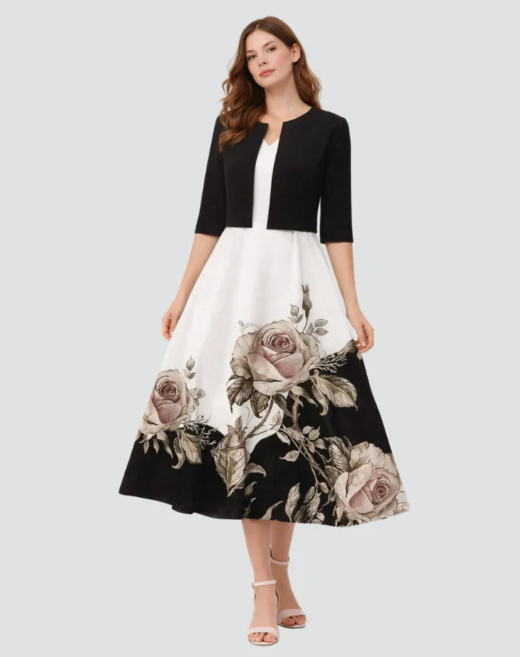 Anouk | Tweedelige Set Met Gebloemde Midi Jurk En Jasje Gemengde kleuren