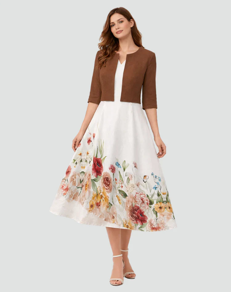 Anouk | Tweedelige Set Met Gebloemde Midi Jurk En Jasje Khaki