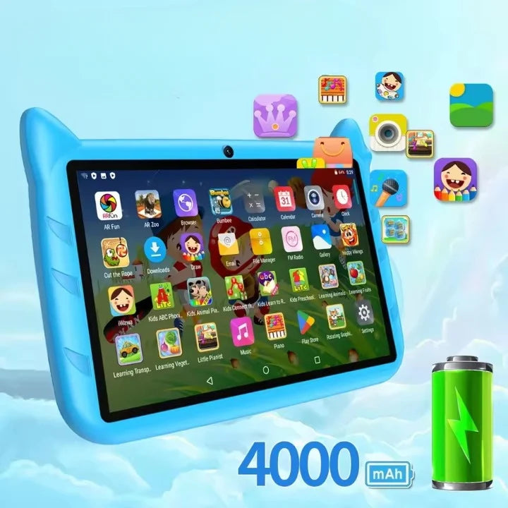 Kindertablet 7 inch met blauw beschermhoesje, Android 13 interface en educatieve apps op helder touchscreen