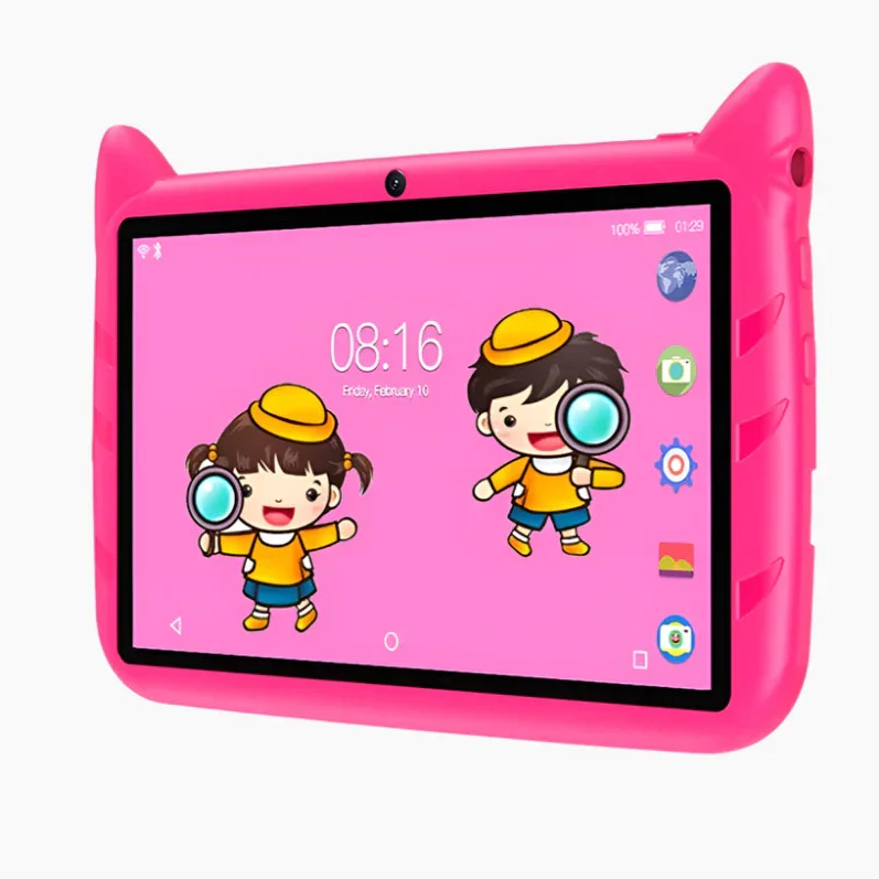 Zijaanzicht kindertablet in blauw hoesje met stevige grip en ergonomisch ontwerp voor kleine handen