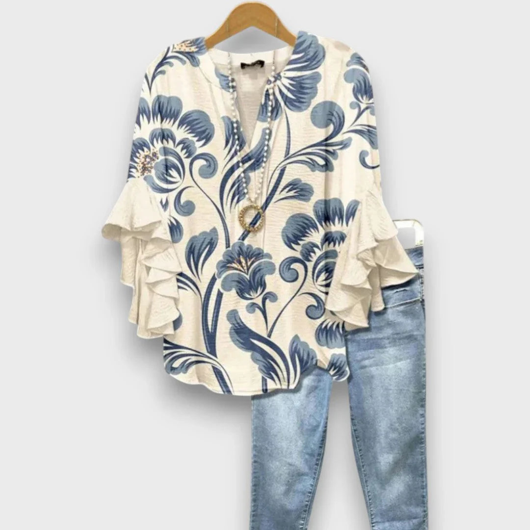 Bo | Blouse V-hals Rüschenmouwen Bloemenprint Wit Blauw