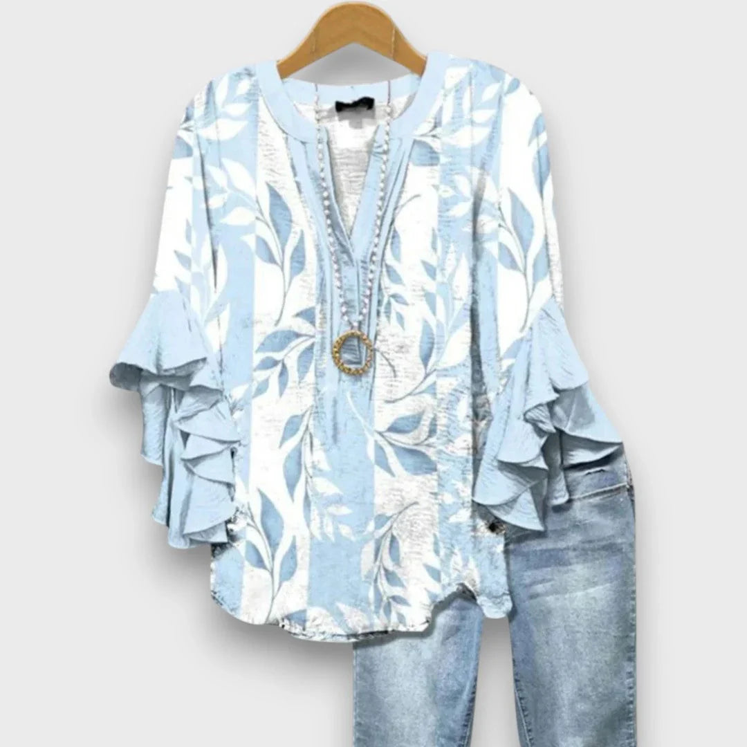 Bo | Blouse V-hals Rüschenmouwen Bloemenprint Lichtblauw
