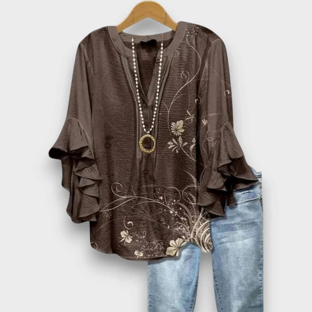 Bo | Blouse V-hals Rüschenmouwen Bloemenprint Bruin
