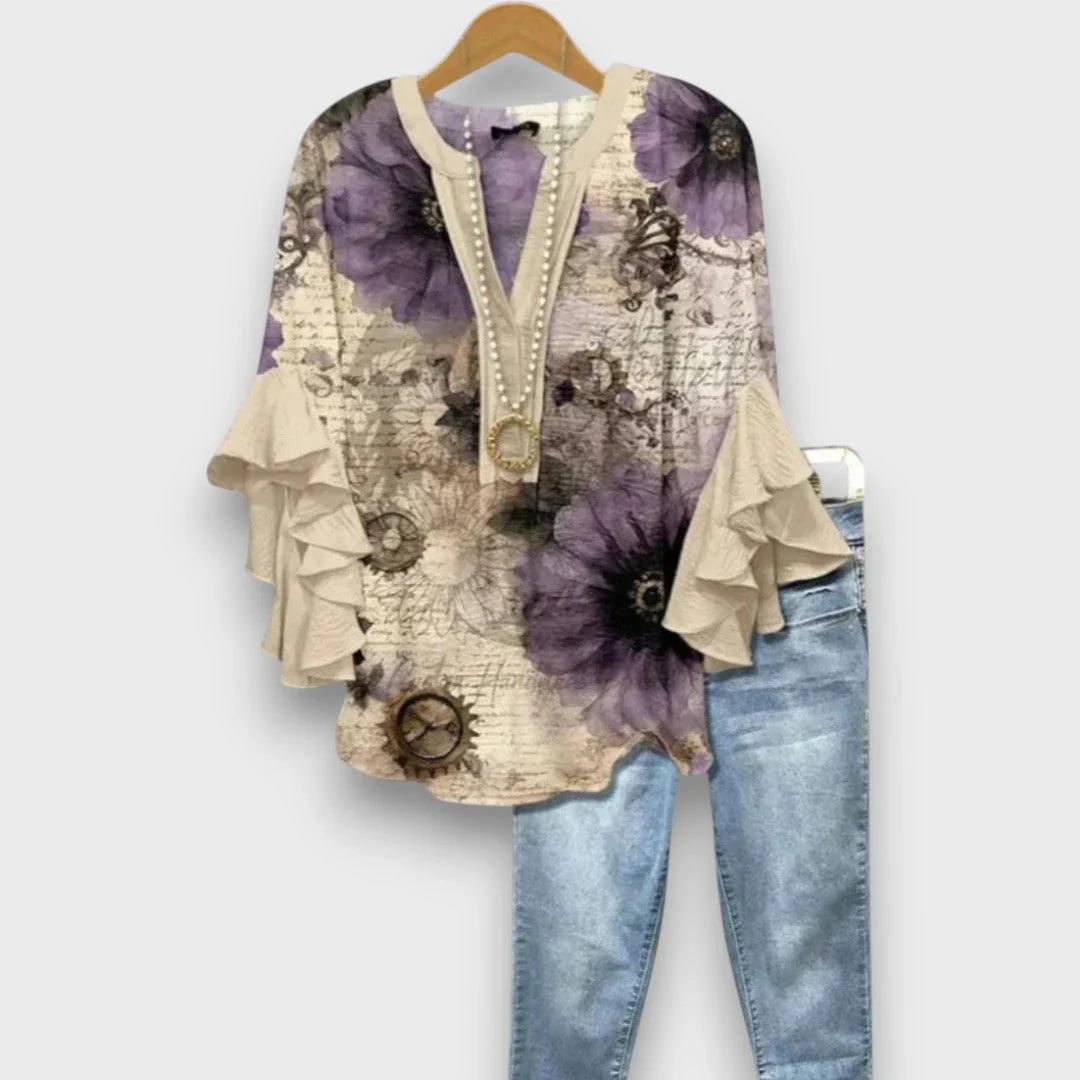 Bo | Blouse V-hals Rüschenmouwen Bloemenprint Beige