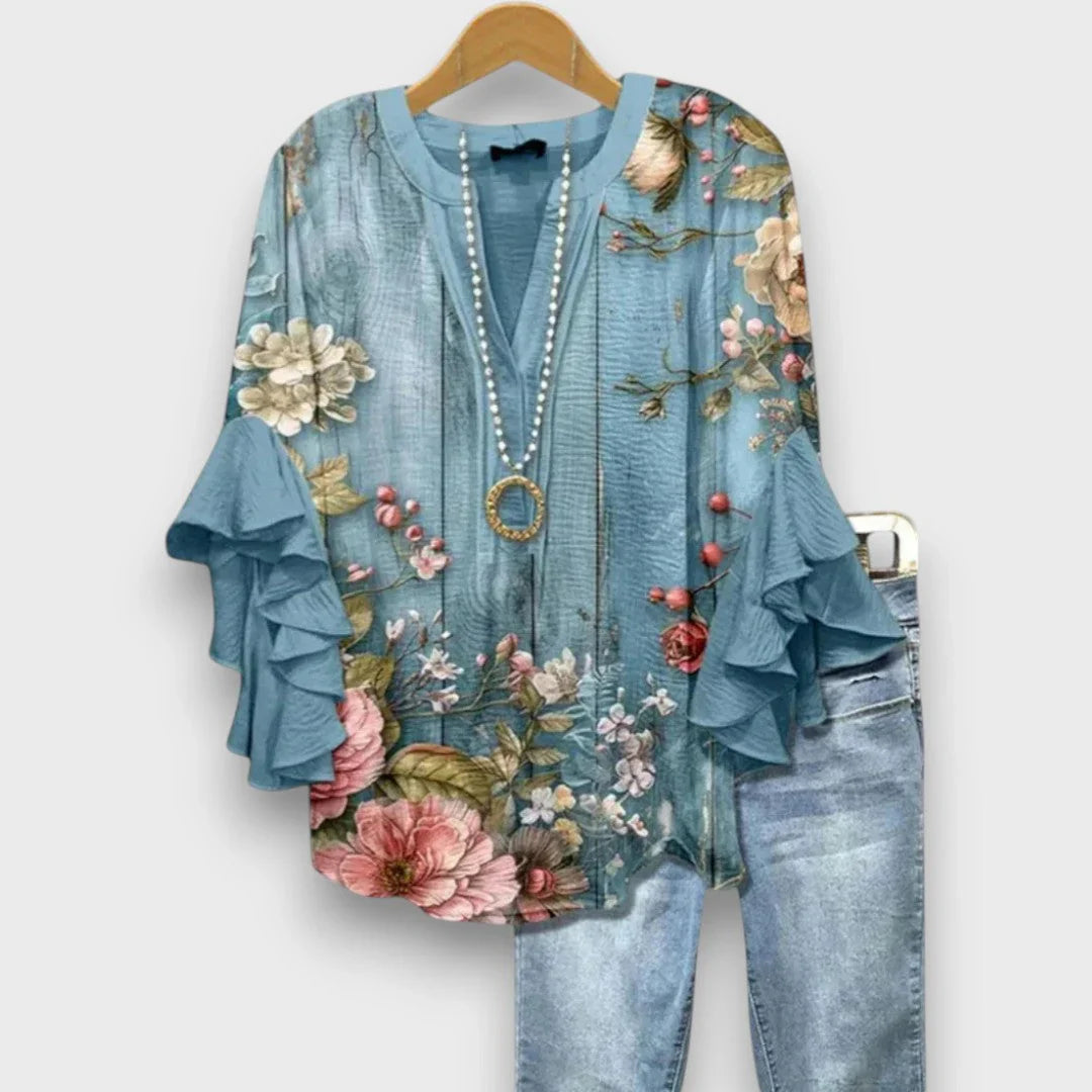 Bo | Blouse V-hals Rüschenmouwen Bloemenprint Bloemblauw