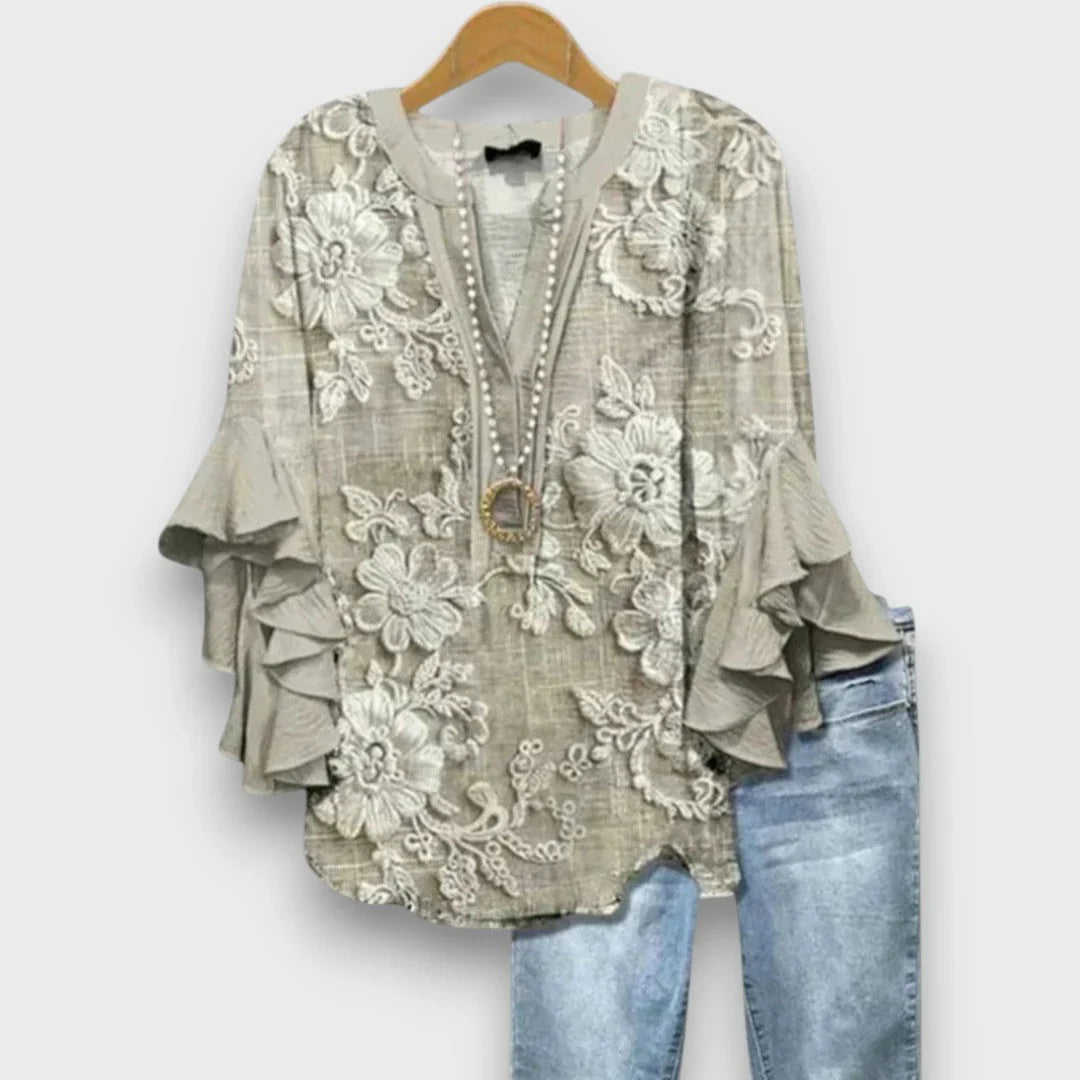 Bo | Blouse V-hals Rüschenmouwen Bloemenprint Lichtbruin