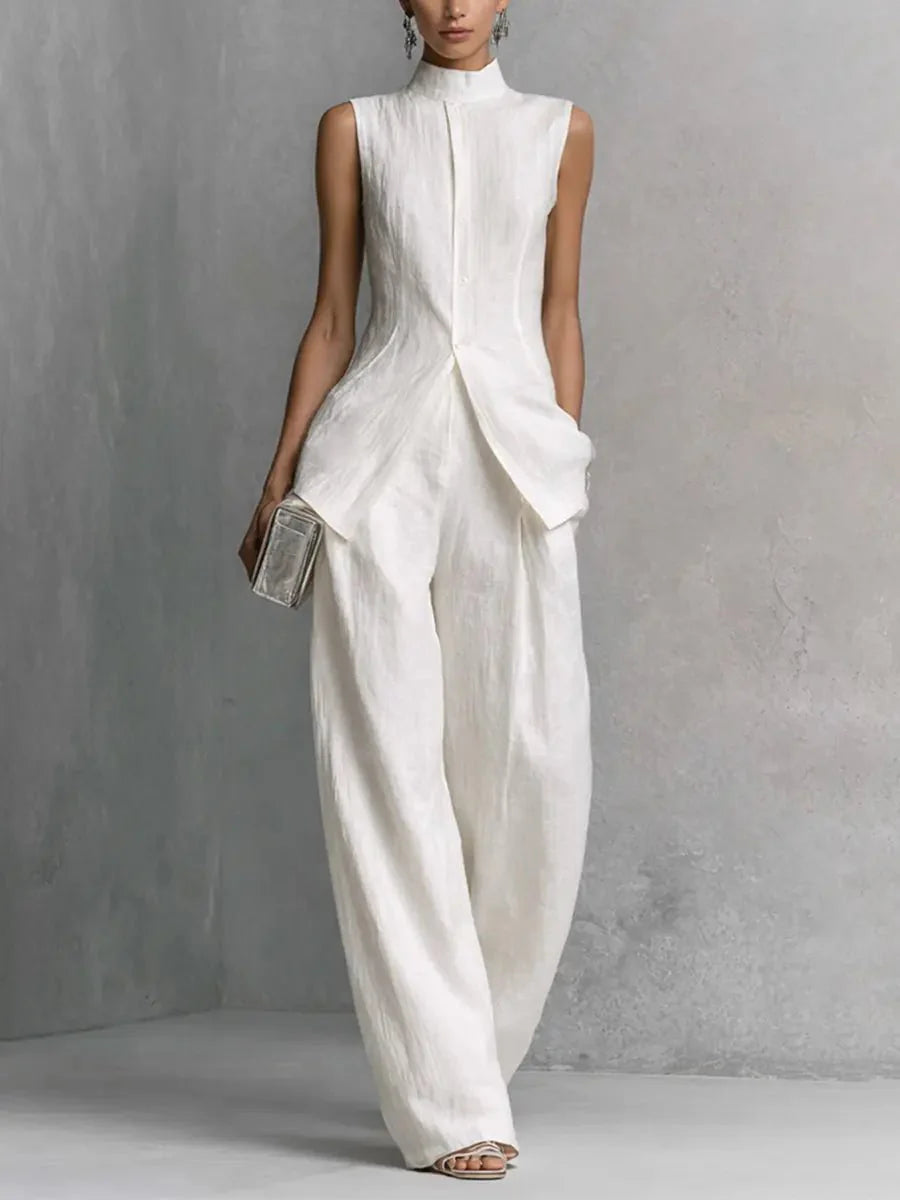 Bo | Dames Linnen Wide-Leg Broek Set Staande Kraag Wit