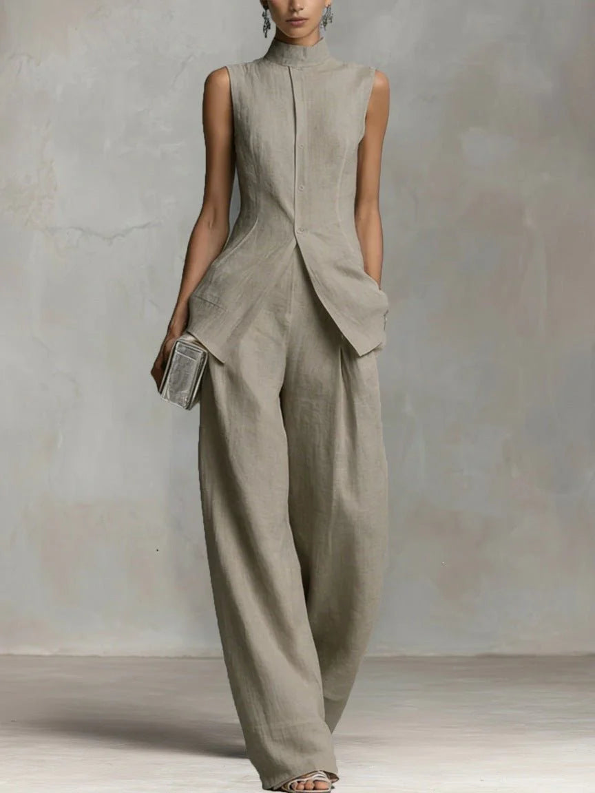 Bo | Dames Linnen Wide-Leg Broek Set Staande Kraag Grijs