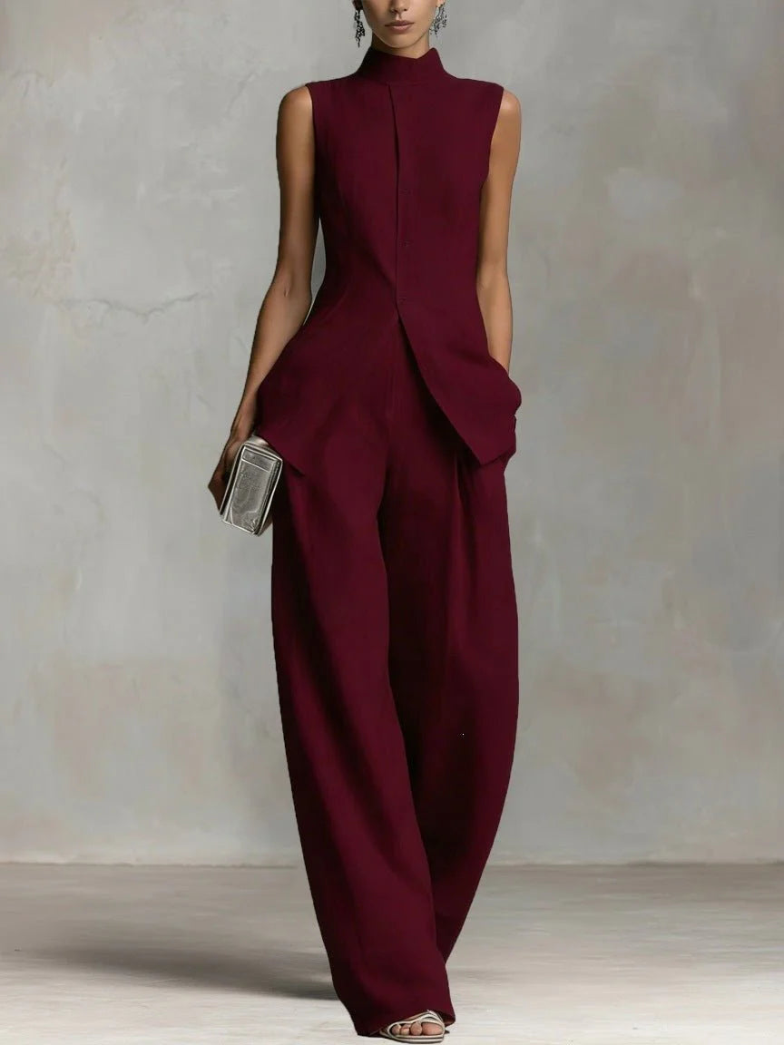 Bo | Dames Linnen Wide-Leg Broek Set Staande Kraag Bourgondië