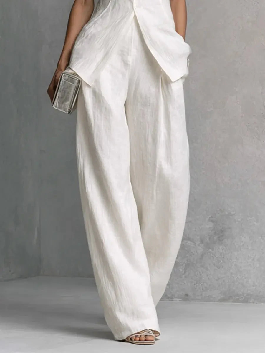 Bo | Dames Linnen Wide-Leg Broek Set Staande Kraag