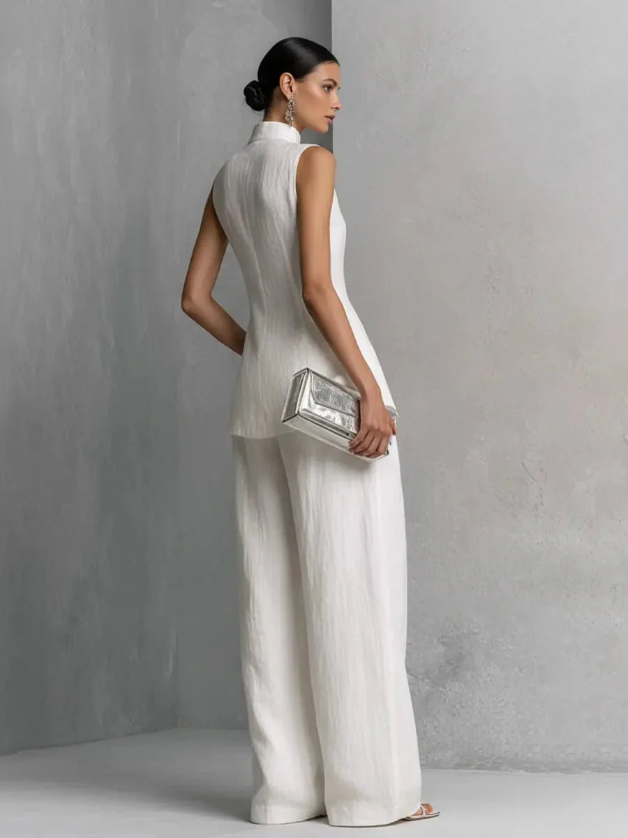 Bo | Dames Linnen Wide-Leg Broek Set Staande Kraag