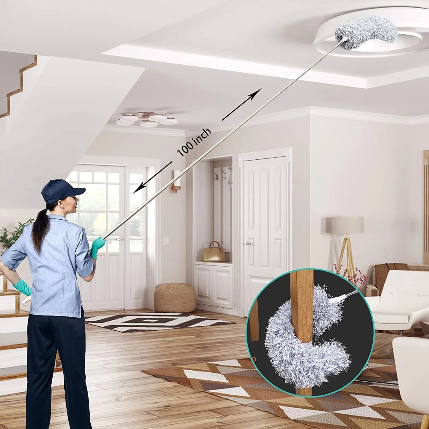 Compacte en uitschuifbare plumeau met telescopische steel van 86 cm tot 2.8 meter voor veelzijdig gebruik