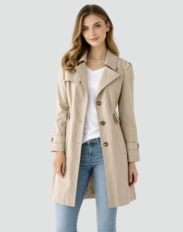 Trenchcoat Dames Slim Fit Lichtgewicht Klassiek Kraag met Revers in beige met knoopsluiting en verstelbare manchetten